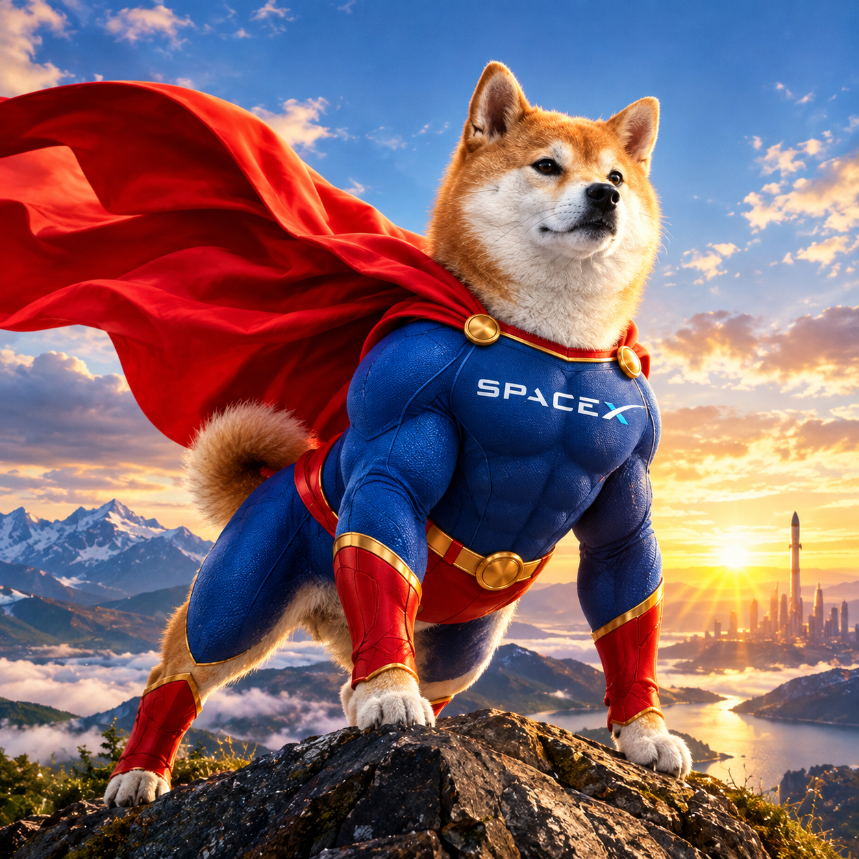 Super Inu SpaceX landing with glowing energy rings