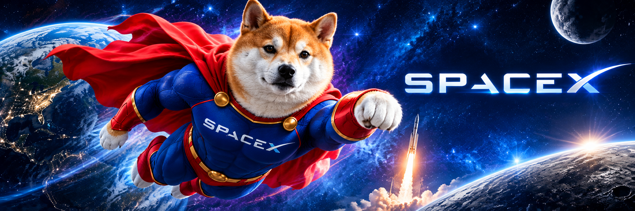 Super Inu SpaceX standing above a glowing Solana skyline